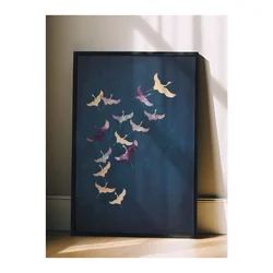 WallXpert uramljena slika 115200, jato zlatnih i ljubičastih ždralova na tamnoplavoj pozadini, 30 x 40 cm, crni ram