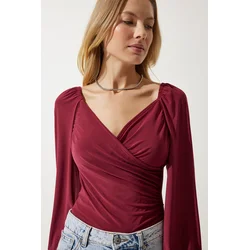 Happiness Istanbul Womens Cherry Elastic Balloon Sleeve Sandy Knitted Blouse