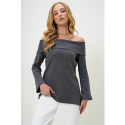 Trend Alaçati Stili Womens Anthracite Madonna Collar Interlock Fabric Blouse