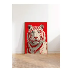 WallXpert uramljena slika 115275, beli tigar na crvenoj pozadini, 30 x 40 cm, ram u boji prirodnog drveta
