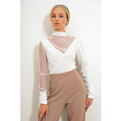 Trend Alaçati Stili Womens White Stand Collar Tulle Detailed Crepe Knit Blouse