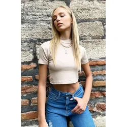 Trend Alacati Stili Ženska bluza kratkih rukava ALC-X10769, Rolka, Bež