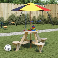 Stol za piknik za 4 djece sa suncobranom okrugli od jelovine