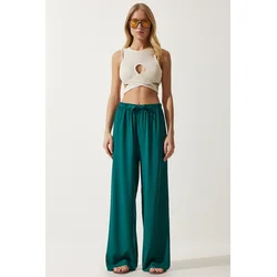 Happiness Istanbul Womens Emerald Green Flowy Knitted Palazzo Trousers