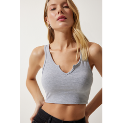 Happiness Istanbul Womens Gray Strappy Crop Knitted Blouse