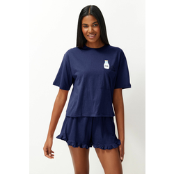 Trendyol Navy Blue Plain Ruffle Jersey Knitted Pajamas Set
