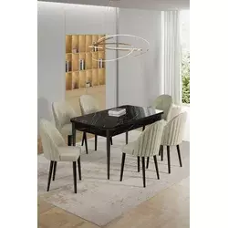 HANAH HOME Rasklopivi trpezarijski sto i stolice (7 delova) Enya Black Marble Cream
