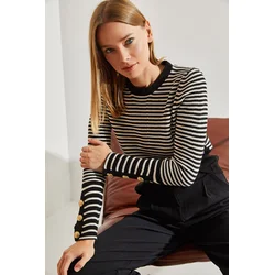 Bianco Lucci Womens Buttoned Sleeve Striped Knitwear Sweater