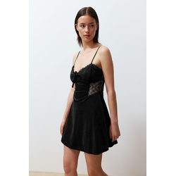 Trendyol Black Soft Feeling Lace Rope Strap Velvet Knitted Nightgown
