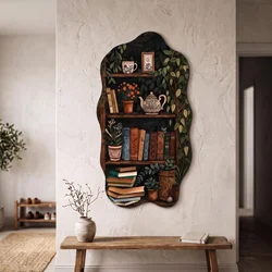 WallXpert MDF zidna slika nepravilnog oblika ART3DCNCMDL2, polica sa knjigama, biljkama i čajnikom, 51 x 26 cm