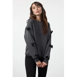 Trendyol Anthracite Bow Detail Oversize/Wide Pattern Thick Polar Fleece Knitted Sweatshirt