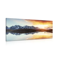 Slika bleščeči sončni zahod nad gorskim jezerom - 80x40