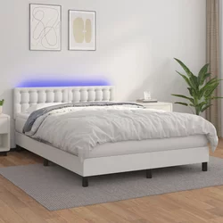 Vidaxl Box spring postelja z vzmetnico LED bela 140x200cm umetno usnje