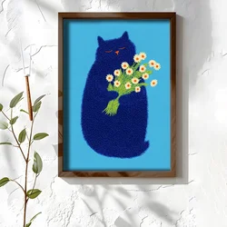 WallXpert uramljena MDF slika NAL096-70, plava mačka drži buket belih rada na svetloplavoj pozadini, 50 x 70 cm