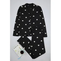 Trendyol Black 100% Cotton Heart Patterned Shirt-Pants Knitted Pajama Set