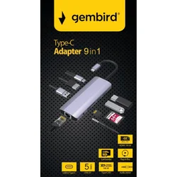 Gembird A-CM-COMBO9-06** Adapter, 9 portova, RJ45, USB3.0, SD, USB-C, HDMI, USB2.0, 3,5mm