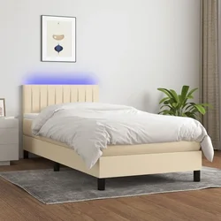 Vidaxl Box spring postelja z vzmetnico LED krem 90x190 cm blago