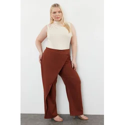 Trendyol Curve Brown Wide Leg Woven Trousers with Cross Closure Detail