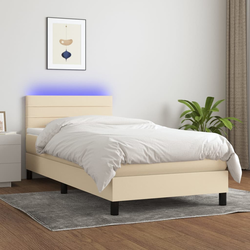 vidaXL Box spring postelja z vzmetnico LED krem 100x200 cm blago
