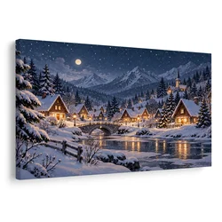 Slika zimska gorska vas ponoči - 40x30