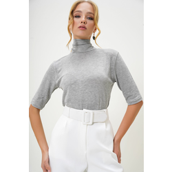 Trend Alaçati Stili Womens Gray Turtleneck Half Sleeve Knitwear Blouse