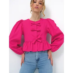 Trend Alacati Stili Ženska bluza dugih rukava Alc-X13375, Okrugli izrez, Ciklama