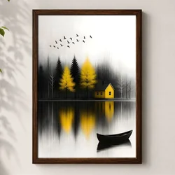 WallXpert uramljena MDF slika 3752KACT-017, žuta kuća, žuto drveće i čamac na jezeru, 37 x 52 cm