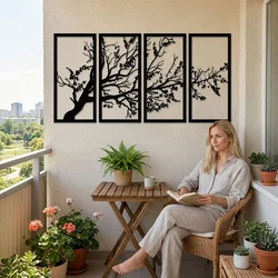 WallXpert metalni zidni ukras 5321, rascvetala grana drveta u 4 panela, 100 x 50 cm, crni