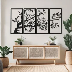 WallXpert metalni zidni ukras DCV-1113-MT, grana drveta sa lišćem u 4 rama, 4 dela, 20 x 50 cm, crni