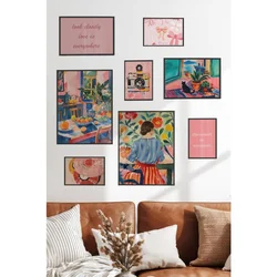 WallXpert set od 8 manjih uramljenih slika Çgs-077, šareni enterijeri, žena u cvetnoj bašti, fotoaparat i mašne u roze tonovima, crni ram