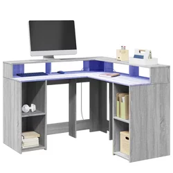 Radni stol s LED svjetlima siva boja hrasta 130x130x91cm drveni