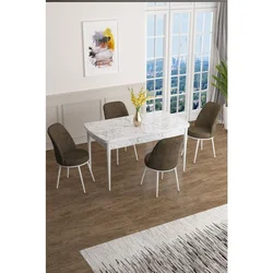 Hanah Home trpezarijski set Han, sto na razvlačenje i 4 stolice, ploča u dekoru belog mermera, braon tkanina Jerry