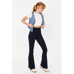 Trendyol Navy Blue Ribbed Flare/Flare High Waist Elastic Knitted Leggings Trousers