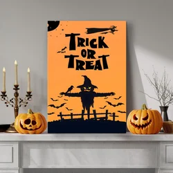 WallXpert slika na platnu 70100HALC-015, natpis Trick or Treat sa strašilom i slepim miševima na narandžastoj pozadini, 70 x 100 cm