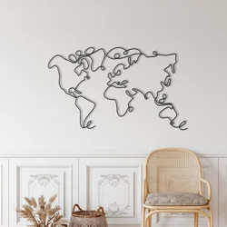 WallXpert metalni zidni ukras 5316, linijska mapa sveta, 100 x 60 cm, crni