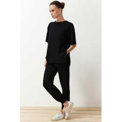 Trendyol Black Crew Neck Short Sleeve Basic Jogger Knitted Two Piece Set