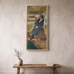 WallXpert uramljena MDF slika ARTSNTMDL16, muškarac sa cilindrom u šarenoj sobi, 50 x 120 cm