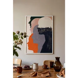 WallXpert uramljena slika 115192, apstraktne siluete ženskih profila u narandžastoj, sivoj i crnoj boji, 50 x 70 cm, beli ram