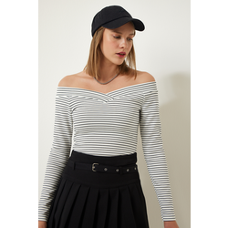 Happiness Istanbul Womens White Asymmetric Collar Striped Wrap Knitted Blouse
