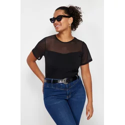 Trendyol Curve Black Heart Neck Mesh Detailed Knitted Blouse