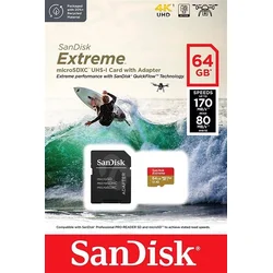 SanDisk Extreme microSDXC 64GB for Action Cams and Drones + SD Adapter 170MB/s & 80MB/s A2 C10 V30 UHS-I U3