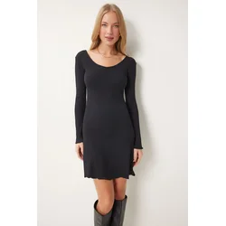 Happiness Istanbul Womens Black V Neck Ribbed Bell Knit Dress