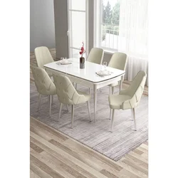 Hanah Home trpezarijski set Tia, sto i 6 stolica, bela ploča, hromirane noge, krem tkanina Babyface