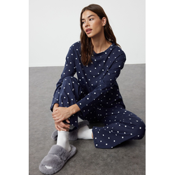 Trendyol Navy Blue Printed Single Jersey Knitted Pajama Set