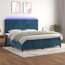 shumee Box spring postelja z vzmetnico LED temno modra 200x200cm žamet