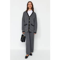 Trendyol Anthracite Color Block Gold Buttoned Cardigan-Pants Knitwear Two Piece Set