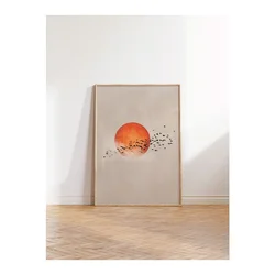 WallXpert uramljena slika 115231, narandžasto sunce i jato ptica na bež pozadini, 50 x 70 cm, ram u boji prirodnog drveta