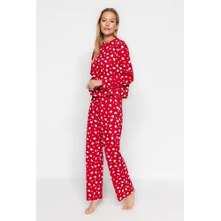 Trendyol Red 100% Cotton Heart Tshirt-Pants Knitted Pajama Set