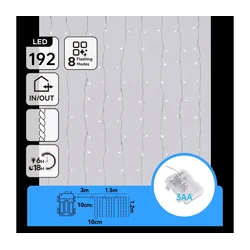 Aigostar-LED Spoljašnja božićna svetla 192xLED/8 funkcija 3xAA 4,5x1,2m IP44 hladno bela