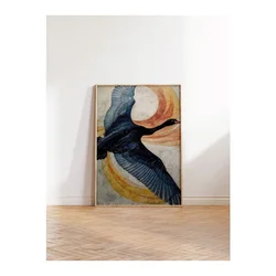 WallXpert uramljena slika 115235, crni labud u letu ispred zlatnonarandžastih krugova, 30 x 40 cm, ram u boji prirodnog drveta